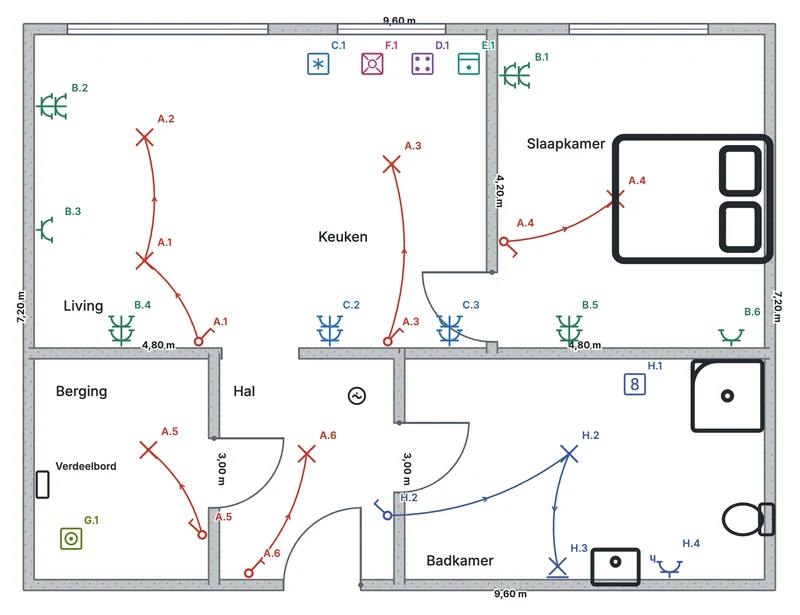 Situatieschema van het voorbeeldappartement: living met open keuken, slaapkamer, berging, hal en badkamer, met bij elk toestel zijn code zoals A.3 of H.2